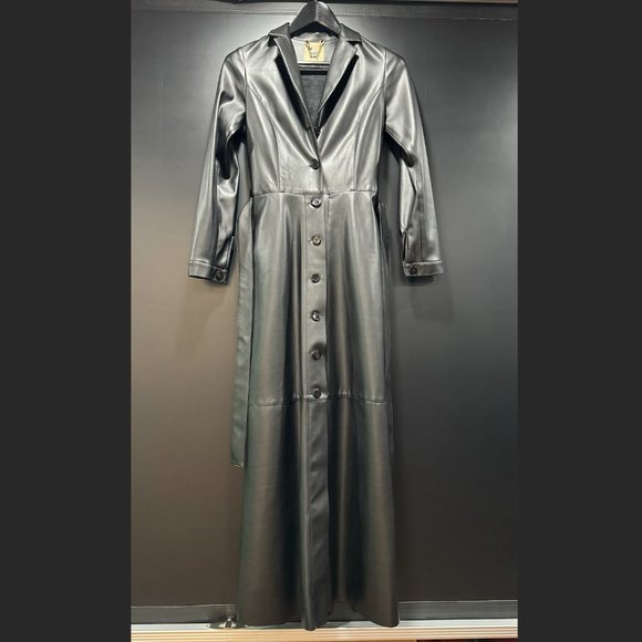Julia Allert Long button-up Trench/ Raincoat Eco-Leather Black - Picture 2 of 9